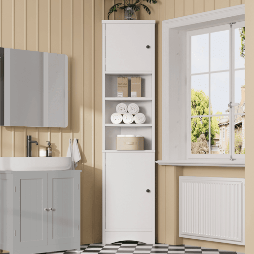 Armário de casa de banho triangular 36,5 x 24,5 x 170 cm - 3 prateleiras abertas, portas duplas, prateleiras ajustáveis, branco