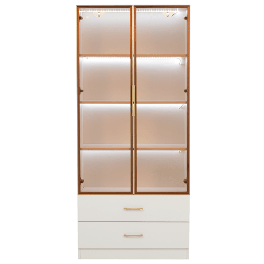 Armário de casa de banho 75 cm - com iluminação, 2 gavetas grandes, 2 portas, porta de vidro - branco