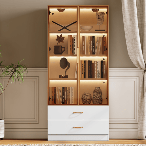 Armário de casa de banho 75 cm - com iluminação, 2 gavetas grandes, 2 portas, porta de vidro - branco