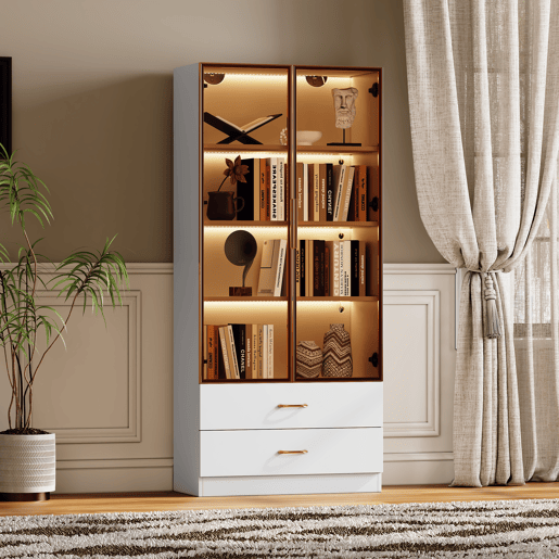 Armário de casa de banho 75 cm - com iluminação, 2 gavetas grandes, 2 portas, porta de vidro - branco