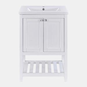 Móvel de casa de banho com lavatório em cerâmica - 2 portas e prateleira inferior - Branco (torneira não incluída)