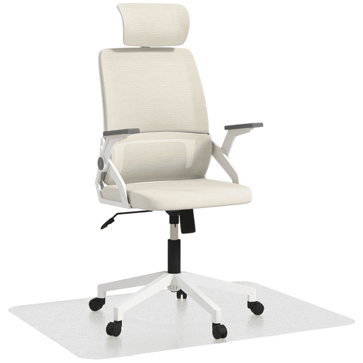 Vinsetto Conjunto de Escritório Inclui 1 Cadeira de Escritório com Função de Baloiço Altura Ajustável Apoio de Cabeça Regulável Bege e 1 Tapete Protetor 90x120 cm Transparente