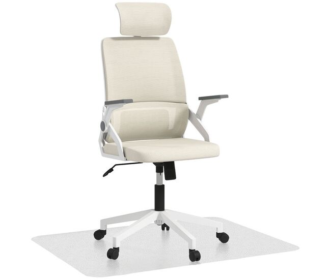 Vinsetto conjunto de oficina incluye 1 silla de oficina de malla con función de basculante altura ajustable reposacabezas regulable beige y 1 alfombra protectora 90x120 cm