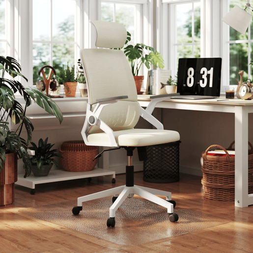 Vinsetto Conjunto de Escritório Inclui 1 Cadeira de Escritório com Função de Baloiço Altura Ajustável Apoio de Cabeça Regulável Bege e 1 Tapete Protetor 90x120 cm Transparente