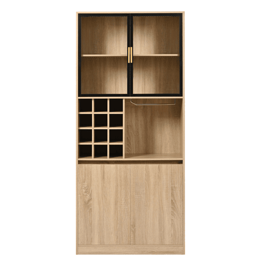 Armário de casa de banho 180 cm - Vitrina com portas de vidro e iluminação - Cor natural Armário de casa de banho 180 cm - Vitrina com portas de vidro e iluminação - Cor natural