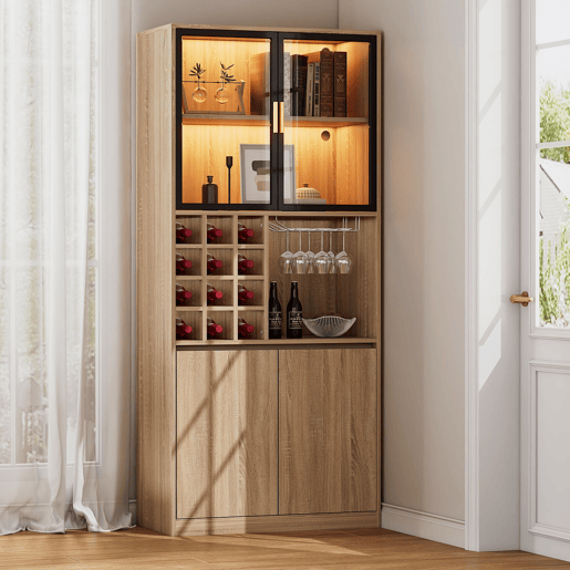 Armário de casa de banho 180 cm - Vitrina com portas de vidro e iluminação - Cor natural Armário de casa de banho 180 cm - Vitrina com portas de vidro e iluminação - Cor natural