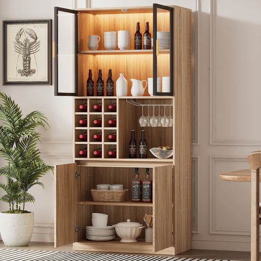 Armário de casa de banho 180 cm - Vitrina com portas de vidro e iluminação - Cor natural Armário de casa de banho 180 cm - Vitrina com portas de vidro e iluminação - Cor natural