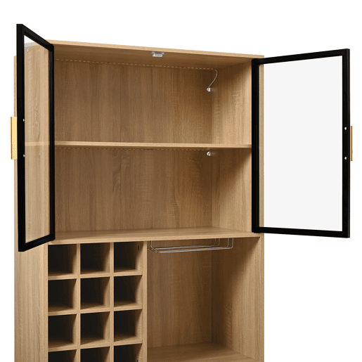 Armário de casa de banho 180 cm - Vitrina com portas de vidro e iluminação - Cor natural Armário de casa de banho 180 cm - Vitrina com portas de vidro e iluminação - Cor natural