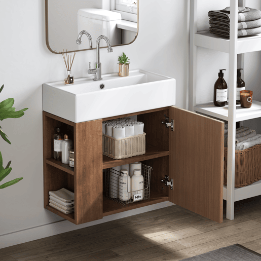 Móvel de casa de banho 55 cm - Lavatório com móvel suspenso, pequeno para casa de banho de hóspedes - Castanho