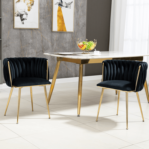 Cadeira de jantar para 2 pessoas - luxo moderno, veludo, pernas metálicas douradas - Preto