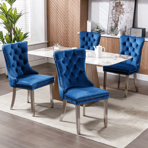 Cadeira de sala de jantar 2 unidades - Moderna, estofada em veludo com pernas em aço cromado - Azul
