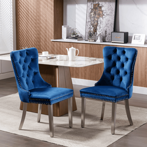 Cadeira de sala de jantar 2 unidades - Moderna, estofada em veludo com pernas em aço cromado - Azul
