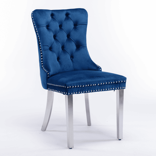 Cadeira de sala de jantar 2 unidades - Moderna, estofada em veludo com pernas em aço cromado - Azul
