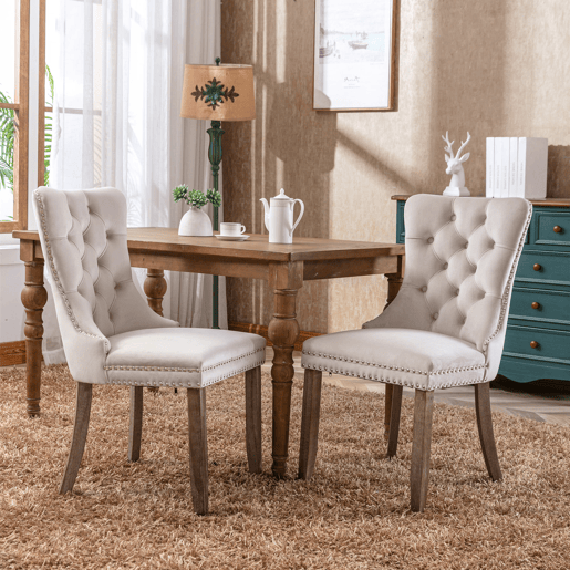 Cadeira de sala de jantar 2 unidades - Veludo acolchoado, madeira maciça, tachas decorativas - Bege