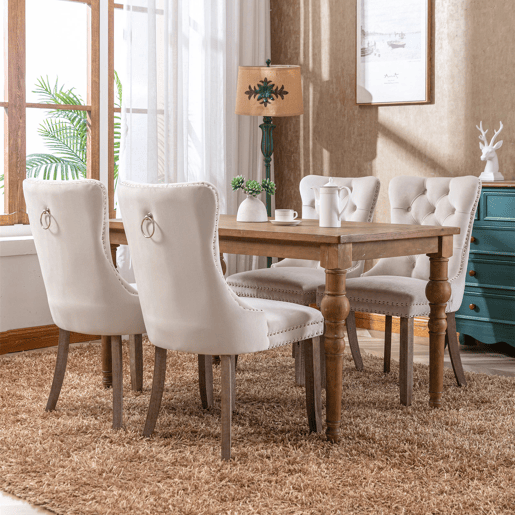 Cadeira de sala de jantar 2 unidades - Veludo acolchoado, madeira maciça, tachas decorativas - Bege