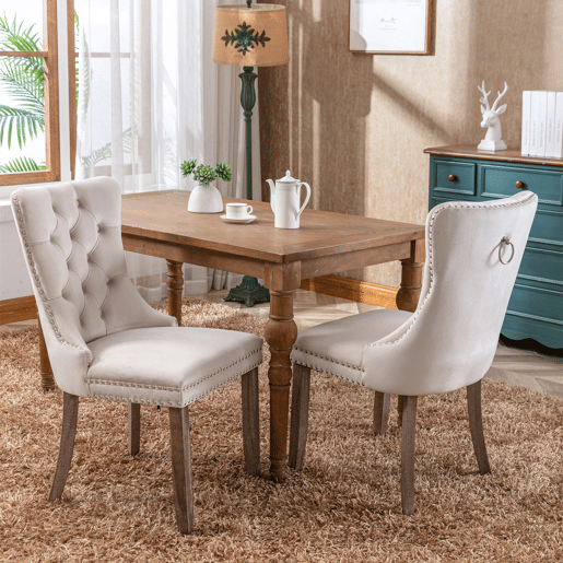Cadeira de sala de jantar 2 unidades - Veludo acolchoado, madeira maciça, tachas decorativas - Bege