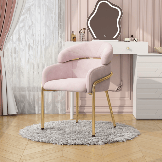 Cadeira de sala de jantar - luxo leve, sala de estar e quarto, quatro pernas de metal, veludo rosa