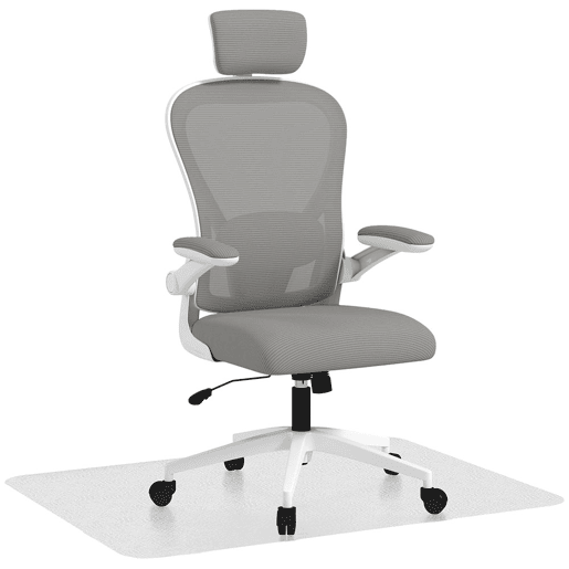 HOMCOM Conjunto de Escritório Inclui 1 Cadeira de Escritório com Altura Ajustável Apoio de Cabeça e Suporte Lombar Ajustáveis Cinzento e 1 Tapete Protetor 90x120 cm Transparente