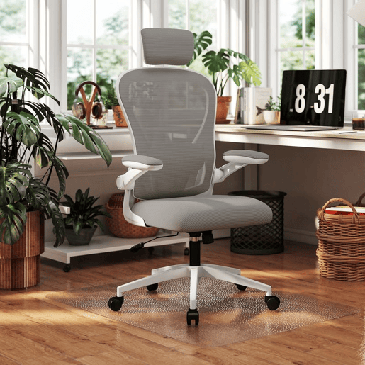 HOMCOM Conjunto de Escritório Inclui 1 Cadeira de Escritório com Altura Ajustável Apoio de Cabeça e Suporte Lombar Ajustáveis Cinzento e 1 Tapete Protetor 90x120 cm Transparente