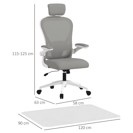 HOMCOM Conjunto de Escritório Inclui 1 Cadeira de Escritório com Altura Ajustável Apoio de Cabeça e Suporte Lombar Ajustáveis Cinzento e 1 Tapete Protetor 90x120 cm Transparente