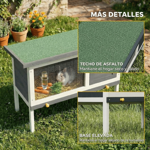 PawHut Casa de Coelhos de Madeira Jaula para Coelhos Médios com Teto de Asfalto Abatível Bandeja Removível Porta com Fechadura Casa Elevada Exterior para Porquinhos-da-Índia e Chinchilas 90x45x65 cm Cinzento
