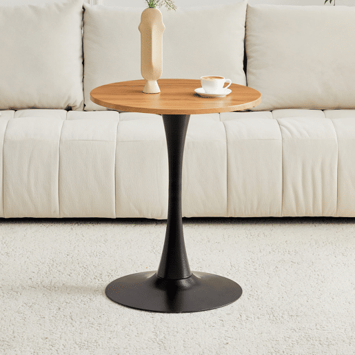 Mesa auxiliar redonda 60 cm - MDF com acabamento em madeira, termoformada, pé preto - PretoMadeira