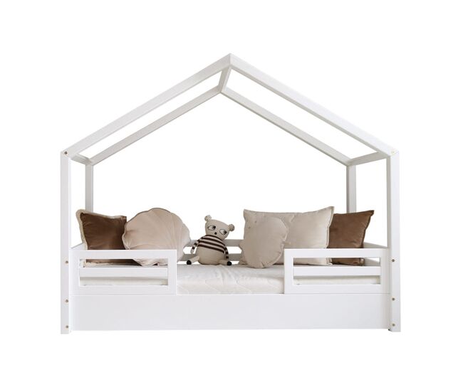 Cama cabaña 90x200 con barandillas y somier patas 1 cm Lucile Blanco