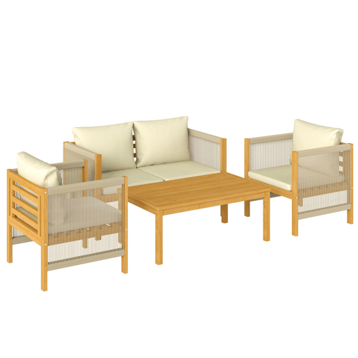 Outsunny Conjunto de Jardim Exterior de 4 Peças Móveis de Jardim com Sofá de 2 Lugares 2 Poltronas Mesa de Madeira de Acácia Almofadas Acolchoadas e Decoração com Corda de PP Madeira e Bege