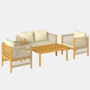 Outsunny Conjunto de Jardim Exterior de 4 Peças Móveis de Jardim com Sofá de 2 Lugares 2 Poltronas Mesa de Madeira de Acácia Almofadas Acolchoadas e Decoração com Corda de PP Madeira e Bege