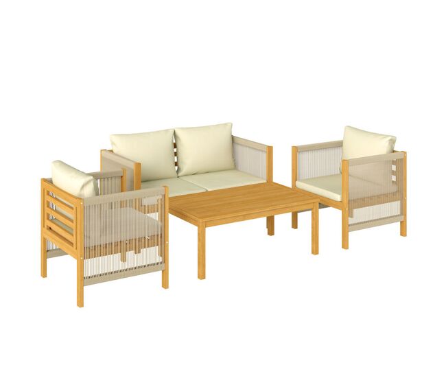 Outsunny conjunto de jardín exterior de 4 piezas, muebles jardín exterior con sofá de 2 plazas, 2 sillones, mesa de madera de acacia, cojines