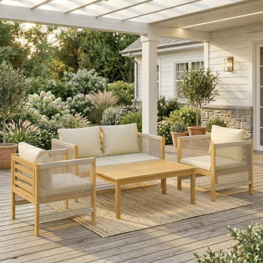 Outsunny Conjunto de Jardim Exterior de 4 Peças Móveis de Jardim com Sofá de 2 Lugares 2 Poltronas Mesa de Madeira de Acácia Almofadas Acolchoadas e Decoração com Corda de PP Madeira e Bege