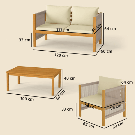 Outsunny Conjunto de Jardim Exterior de 4 Peças Móveis de Jardim com Sofá de 2 Lugares 2 Poltronas Mesa de Madeira de Acácia Almofadas Acolchoadas e Decoração com Corda de PP Madeira e Bege