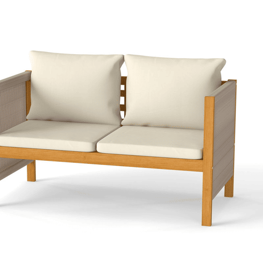 Outsunny Conjunto de Jardim Exterior de 4 Peças Móveis de Jardim com Sofá de 2 Lugares 2 Poltronas Mesa de Madeira de Acácia Almofadas Acolchoadas e Decoração com Corda de PP Madeira e Bege