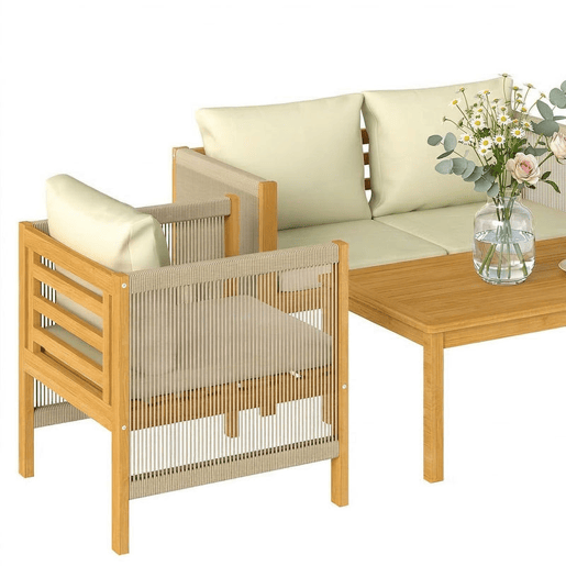 Outsunny Conjunto de Jardim Exterior de 4 Peças Móveis de Jardim com Sofá de 2 Lugares 2 Poltronas Mesa de Madeira de Acácia Almofadas Acolchoadas e Decoração com Corda de PP Madeira e Bege