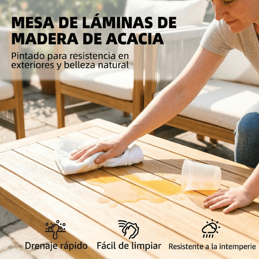 Outsunny Conjunto de Jardim Exterior de 4 Peças Móveis de Jardim com Sofá de 2 Lugares 2 Poltronas Mesa de Madeira de Acácia Almofadas Acolchoadas e Decoração com Corda de PP Madeira e Bege