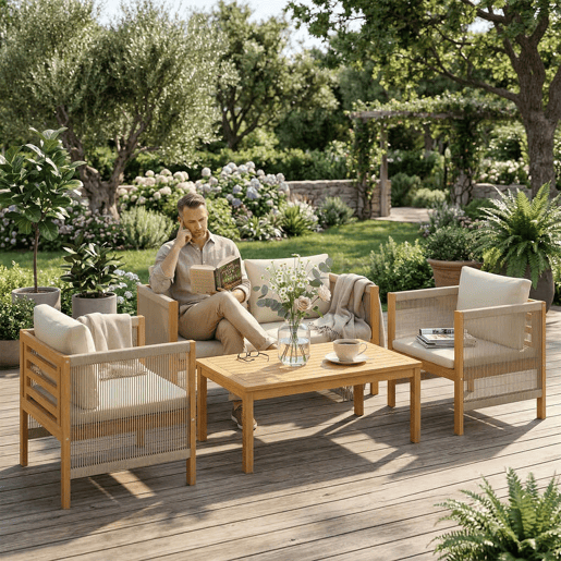 Outsunny Conjunto de Jardim Exterior de 4 Peças Móveis de Jardim com Sofá de 2 Lugares 2 Poltronas Mesa de Madeira de Acácia Almofadas Acolchoadas e Decoração com Corda de PP Madeira e Bege