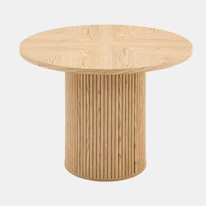 Mesa de jantar redonda 100 cm - 4 segmentos com acabamento em madeira clara, pernas cilíndricas com arrumação, barra metálica e fecho de velcro - cor madeira natural