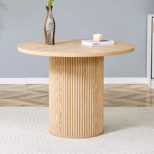 Mesa de jantar redonda 100 cm - 4 segmentos com acabamento em madeira clara, pernas cilíndricas com arrumação, barra metálica e fecho de velcro - cor madeira natural