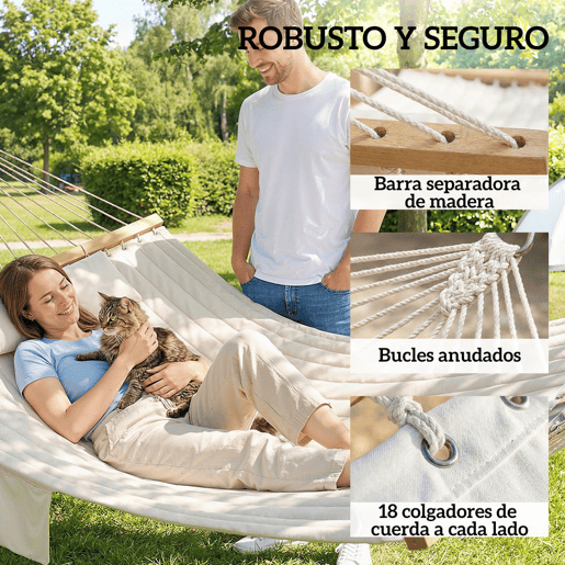 Outsunny Cama Rede Acolchoada Rede de Jardim Portátil com Almofada Ajustável Bolso para Revistas Barras Curvadas de Madeira Suporta até 200 kg para Pátio e Terraço 325x140 cm, Creme
