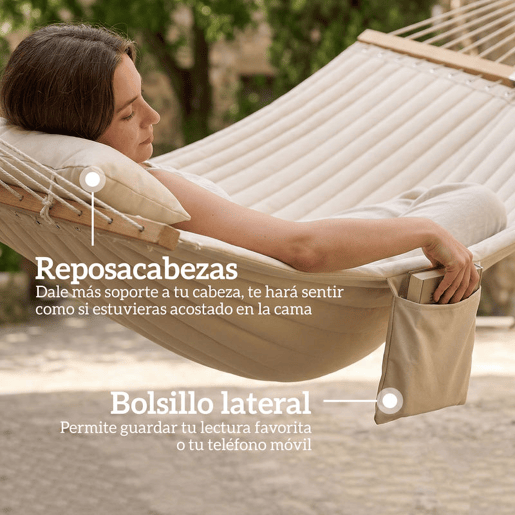 Outsunny Cama Rede Acolchoada Rede de Jardim Portátil com Almofada Ajustável Bolso para Revistas Barras Curvadas de Madeira Suporta até 200 kg para Pátio e Terraço 325x140 cm, Creme