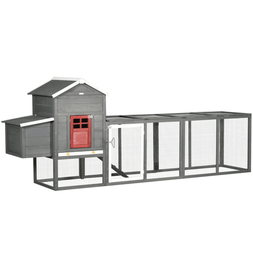 PawHut Galinheiro Grande para Exterior em Madeira, 300x66x116 cm, para 3-6 Galinhas, com Ninho, Corral, Bandeja Removível, Telhado Asfáltico, Rampa, Porta com Fechadura, Coelheira, Cinzento