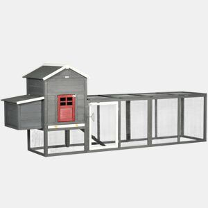 PawHut Galinheiro Grande para Exterior em Madeira, 300x66x116 cm, para 3-6 Galinhas, com Ninho, Corral, Bandeja Removível, Telhado Asfáltico, Rampa, Porta com Fechadura, Coelheira, Cinzento