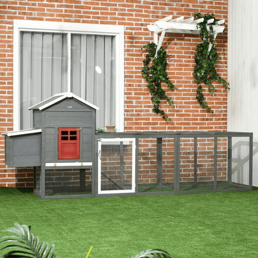 PawHut Galinheiro Grande para Exterior em Madeira, 300x66x116 cm, para 3-6 Galinhas, com Ninho, Corral, Bandeja Removível, Telhado Asfáltico, Rampa, Porta com Fechadura, Coelheira, Cinzento