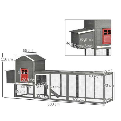 PawHut Galinheiro Grande para Exterior em Madeira, 300x66x116 cm, para 3-6 Galinhas, com Ninho, Corral, Bandeja Removível, Telhado Asfáltico, Rampa, Porta com Fechadura, Coelheira, Cinzento