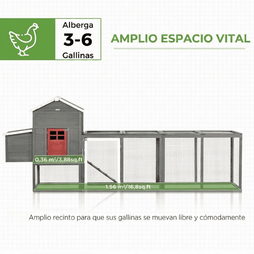PawHut Galinheiro Grande para Exterior em Madeira, 300x66x116 cm, para 3-6 Galinhas, com Ninho, Corral, Bandeja Removível, Telhado Asfáltico, Rampa, Porta com Fechadura, Coelheira, Cinzento