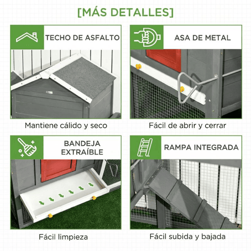 PawHut Galinheiro Grande para Exterior em Madeira, 300x66x116 cm, para 3-6 Galinhas, com Ninho, Corral, Bandeja Removível, Telhado Asfáltico, Rampa, Porta com Fechadura, Coelheira, Cinzento