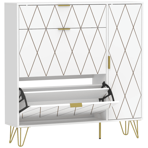 HOMCOM Sapateira Estreita com 2 Compartimentos Abatíveis Móvel Sapateira Moderno com Armário e Prateleiras Ajustáveis 10-14 Pares de Sapatos para Corredor ou Entrada 110x25x110,6 cm Branco