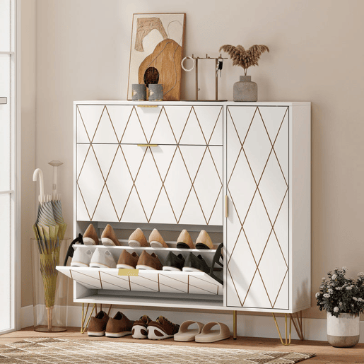 HOMCOM Sapateira Estreita com 2 Compartimentos Abatíveis Móvel Sapateira Moderno com Armário e Prateleiras Ajustáveis 10-14 Pares de Sapatos para Corredor ou Entrada 110x25x110,6 cm Branco