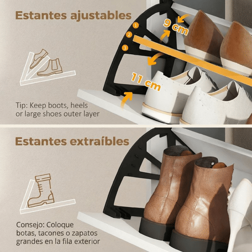 HOMCOM Sapateira Estreita com 2 Compartimentos Abatíveis Móvel Sapateira Moderno com Armário e Prateleiras Ajustáveis 10-14 Pares de Sapatos para Corredor ou Entrada 110x25x110,6 cm Branco