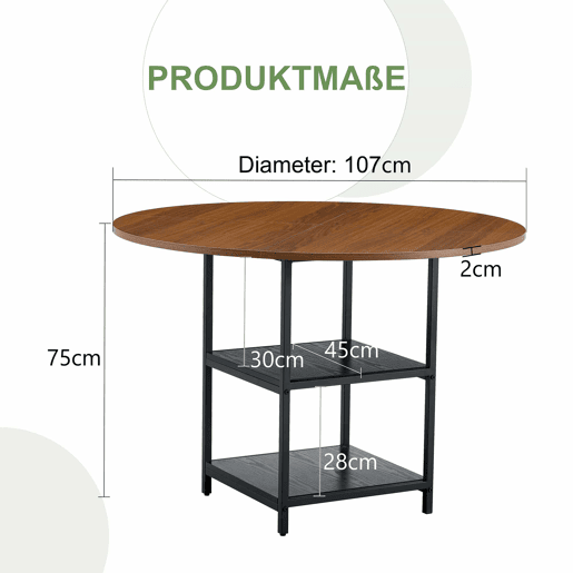 Mesa redonda 107 cm - Duas prateleiras, MDF + estrutura metálica - Cor nogueira